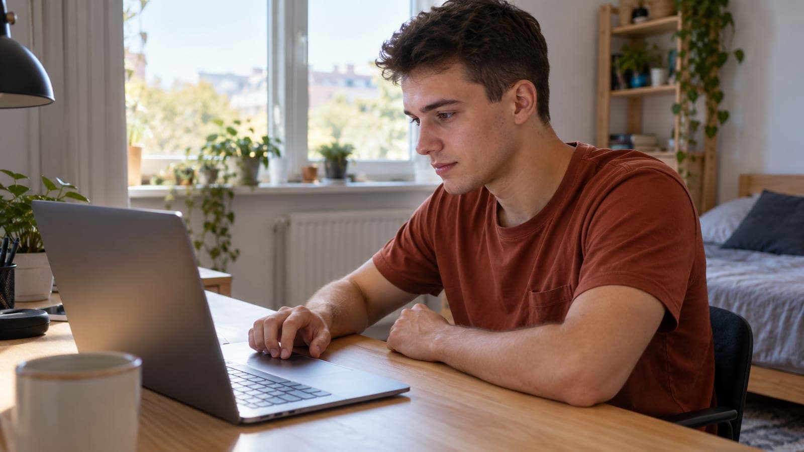 Młody mężczyzna pracuje przy laptopie, przygotowując zgłoszenie do pracy.